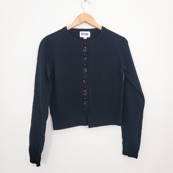 Rouje Perrine Floral Embroidered Wool Cardigan in Black 36 4 - Picture 3 of 8